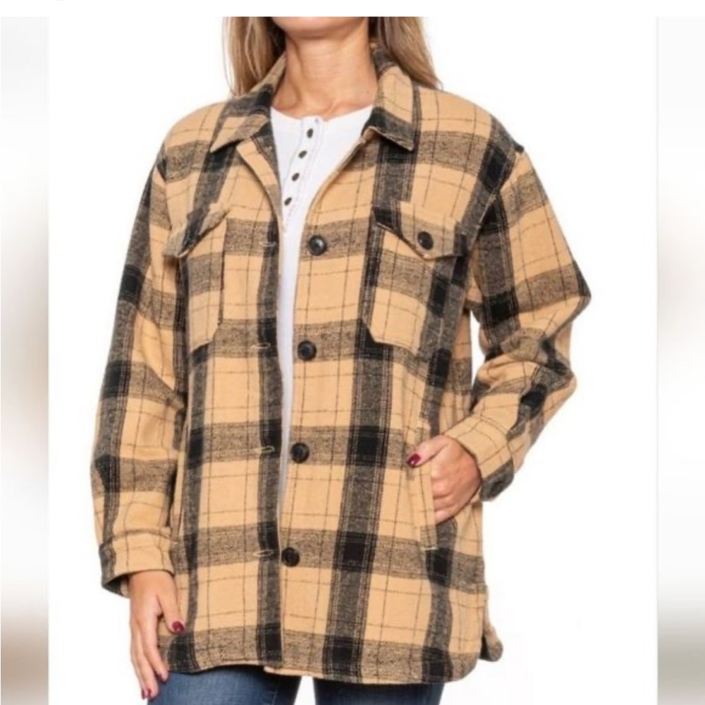Lucky Brand Oversized Black Tan Yellow Plaid Shacket Shirt Jacket size Medium